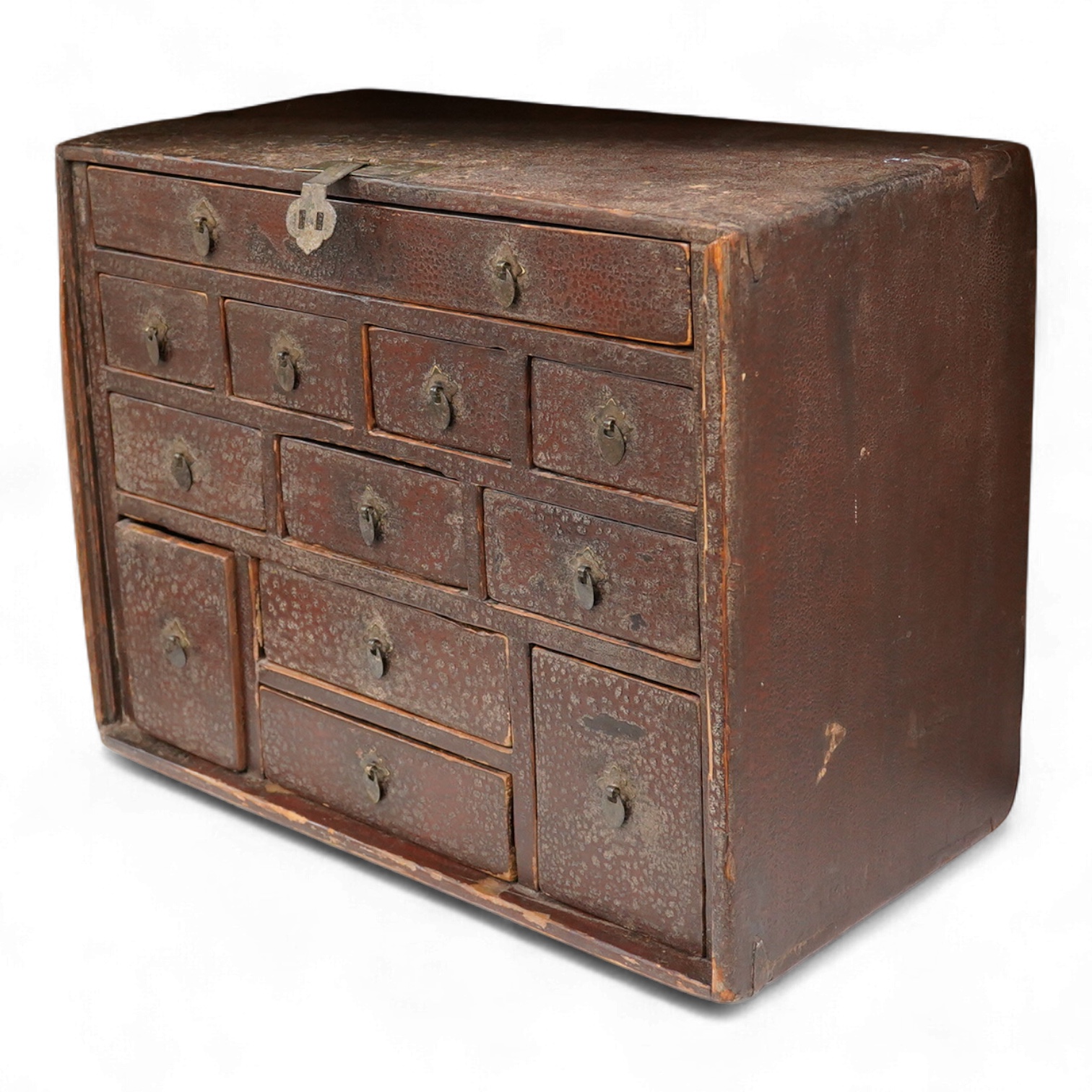 An 18th century Chinese lacquered table top cabinet, 52cm wide